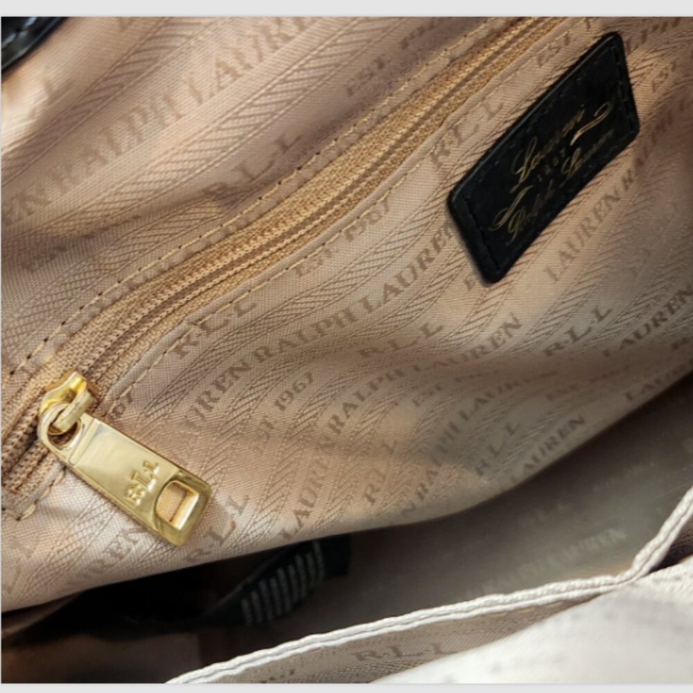 LRL RALPH LAUREN GLAZED LEATHER SATCHEL HAND BAG with GOLD Logo HARDWARE - Picture 8 of 16